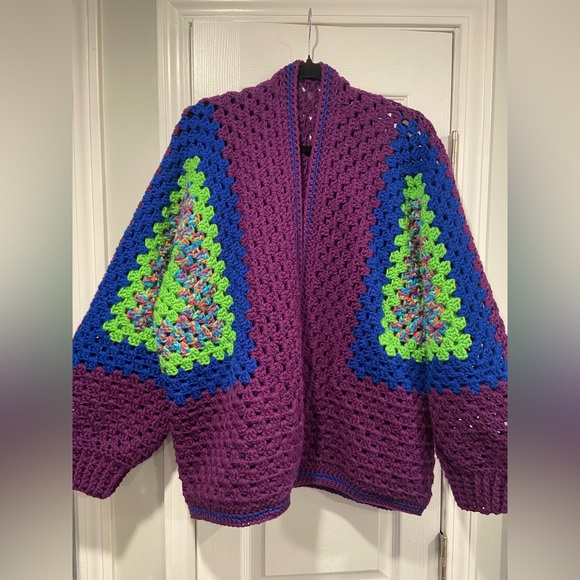 Handmade Sweaters - Handmade Crochet Granny Square One Size Cozy Cardigan Boho Chunky Knit Sweater